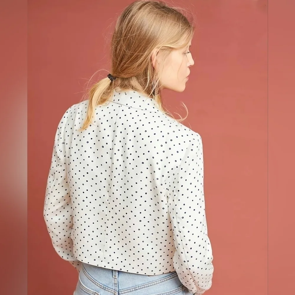Anthropologie Cartonnier Polka Dot Blazer Size Small White Blue Bolero Jacket